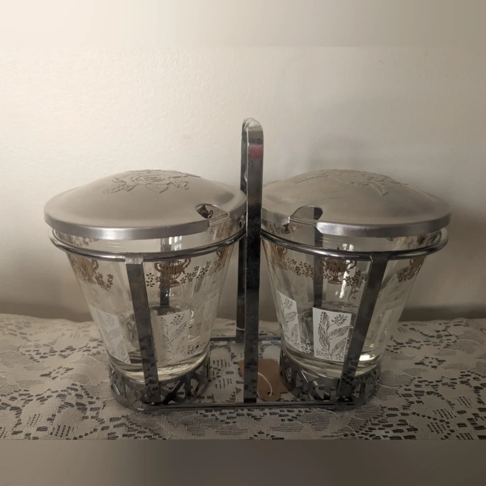 Vintage Libbey Glass Condiment Caddy – 1950s Gold & White Urn Motif Jars - Picture 1 of 5